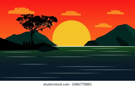 landscape view of mountains and sea with sunset and tree silhouettes