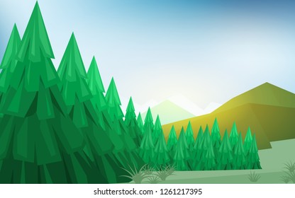 Landscape view of natural pine tree forest  with mountain hill in Summer time with space for text 