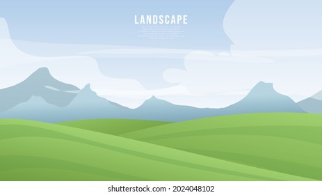 Landscape view natural , A vast green field with snowy mountains in the background  , Illustration Vector EPS 10 