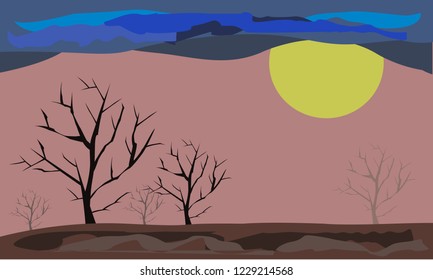 landscape view in night time with dry tree and big moon 