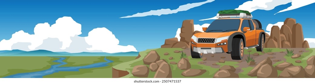Landscape view with off road car. Cars parked on a high cliff. Large rocks and gravel road hills. Ground below is a vast grassland with a river flowing through it. Mountain under blue sky and clouds.