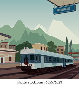 Landscape view with old train at railway station of European town. In the background the natural mountain scenic area. Realistic flat style. Square aspect ratio. Vector illustration