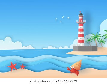 Landscape view on the beach looking to the red and white lighthouse on island, coconut trees, blue sea, clouds, blue sky, birds and hermit crab in summer vector paper art concept.