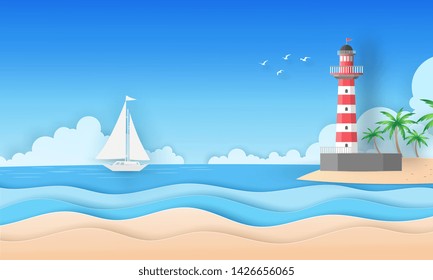 Landscape view on the beach looking to the red and white lighthouse on island, coconut trees, blue sea, clouds, blue sky, birds and white boat in summer vector paper art concept.