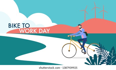 Landscape view of the pathway with a man is riding bicycle to work with mountain range in the background and energy mill wind in minimal style 
