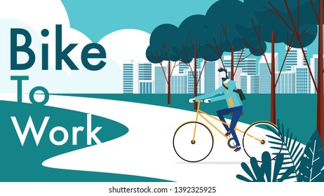 Landscape view of the pathway with a man is riding bicycle to work with big city in the background and energy mill wind in minimal style 