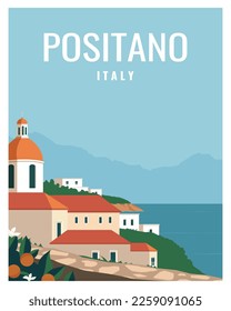 landscape view of Positano on Amalfi Coast Italy. vector illustration background for, poster, postcard, card, art, print.