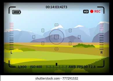 Landscape view with reflex photo camera viewfinder marks