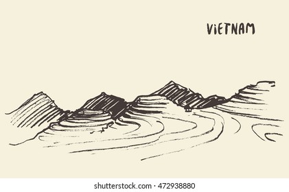 Landscape view of rice fields Mu Cang Chai, Vietnam, vector illustration, sketch