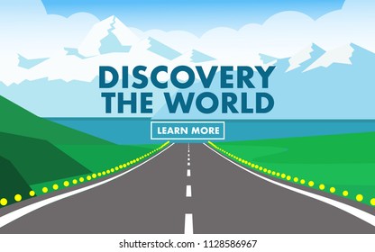 Landscape view of runway in the airport leads into the lake with mountain range with snow on mountain peak with text "Discovery The World" for wallpaper,background,internet banner