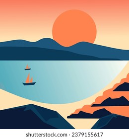Landscape view sea mountain sky. Vector flat illustrations.