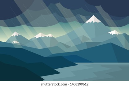 Landscape view of the sea shore coast bay with many mountains in the background in the raining day with some sun light shining - dark green color tone style