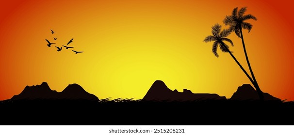 landscape view silhouettes of sunset with mountain and bird palm tree illustration