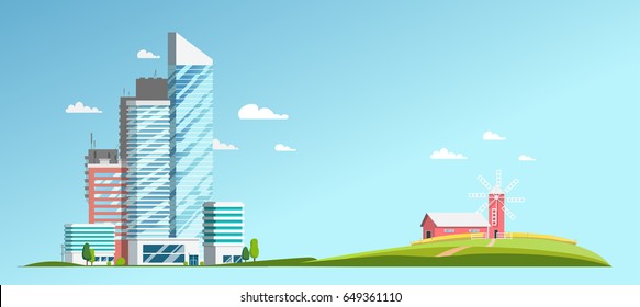 Landscape with a view of the skyscrapers and the farm. Wheat farm. Mill. Wheat field.