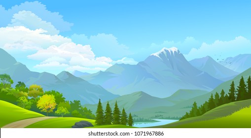 Landscape view of snow covered mountains, green meadows and a river