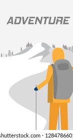 Landscape view of the snow hill mountains area in white tone In poster style with climber and text adventure