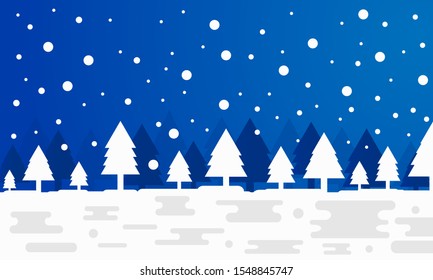 landscape view of snow night blue forest scene with flat simply design vector illustration.