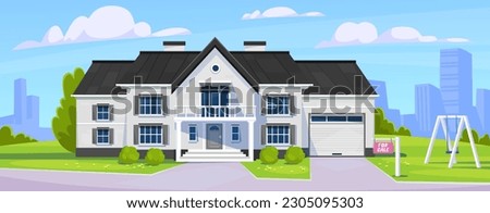 Landscape view of a suburban house. Cartoon illustration of a modern residence with a For Sale sign in front of a white house. Vector concept to showcase urban real estate in an American neighborhood