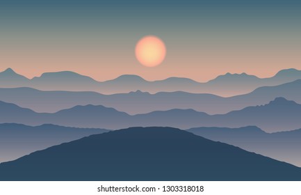 Landscape view with sun on mountain silhouettes. Vector illustration