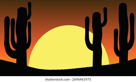 Vista da paisagem do pôr do sol no deserto com cactos. Pôr do sol no deserto, sombra de cactos.