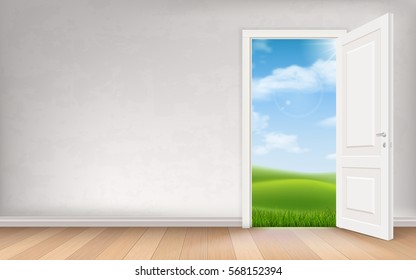 Landscape view through open door in stucco wall. Vector concept interior illustration.