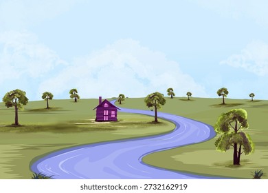 Landscape view of a tiled riverbank with trees