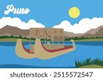 A landscape view of the Titicaca lake in Puno Peru with a traditional Totora boat for Puno anniversary in november 4