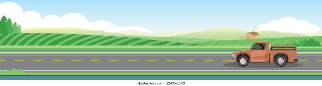 Vista panorámica del automóvil de camión conduciendo por la carretera asfaltada por el fondo de la pancarta.  Junto a una granja verde y montaña con pueblo bajo cielo despejado para viajes de invierno. Copiar el vector plano de espacio.