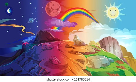 Landscape view the turnaround time from sunrise to drowning. Night, Day and Afternoon. vector illustration.
