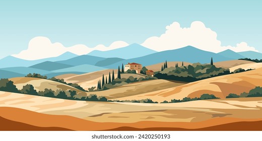 Landscape view of Tuscany hills. Italian countryside panorama with olive trees, old farmhouses and cypress. Rural panoramic scenery landscape. Vector illustration.