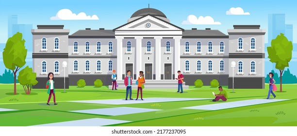 Landscape view of a university with students walking and sitting on the grass at a campus. College or university building in traditional architecture with columns and front yard. Vector illustration.