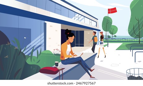 Landscape view of a university with students walking and sitting on the grass at a campus. College or university building in traditional architecture with columns and front yard. Vector illustration.