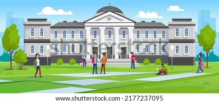 Landscape view of a university with students walking and sitting on the grass at a campus. College or university building in traditional architecture with columns and front yard. Vector illustration.