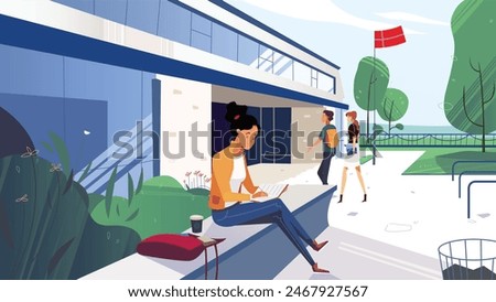 Landscape view of a university with students walking and sitting on the grass at a campus. College or university building in traditional architecture with columns and front yard. Vector illustration.