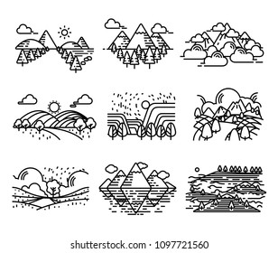 Landscape view vector. Land mountains icon set.
