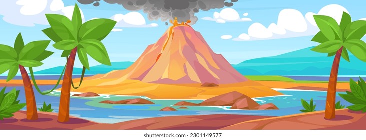 Vista panorámica de una erupción volcánica en una isla tropical en el océano. Fondo del juego con una explosión de volcán, ceniza, lava, humo y magma fluyendo sobre una montaña. Ilustración vectorial de estilo de dibujos animados