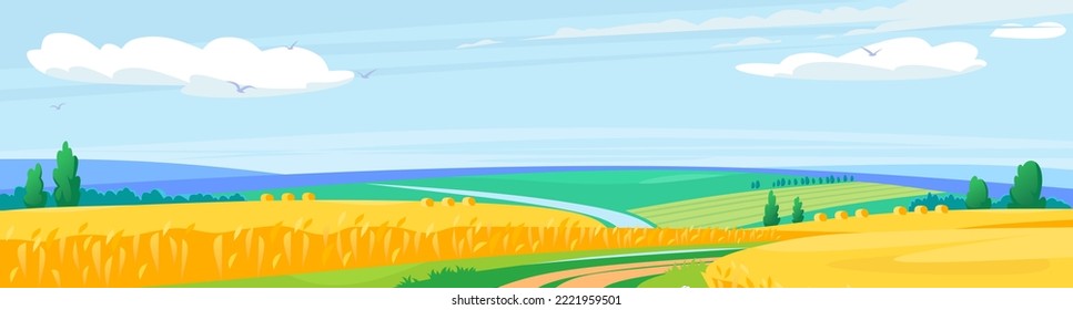 Landscape view of a wheat field. The crop of a golden color. The countryside in summer before harvest. Rural scenery with organic grain cultivation. Cartoon farmland vector background illustration.