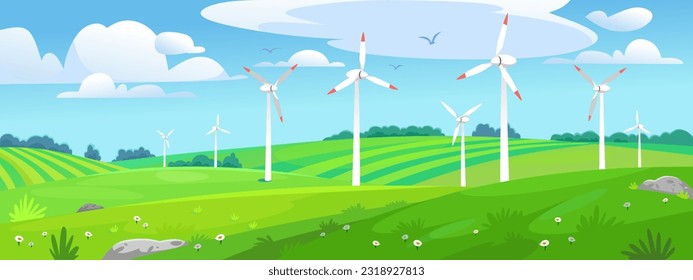 Landscape view of a wind farm. Windmills on the green hills banner. Wind turbines of a power plant generate environmentally friendly and sustainable electricity. Cartoon style vector illustration.