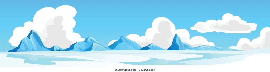 Landschaftsansicht des Winterhintergrundes mit Bergen und Wolken unter klarem Himmel. Das Gebiet ist mit weißem Schnee bedeckt. Vektor-Illustration im Cartoon-Stil.