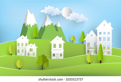 landscape views of homes and hills. design and style of paper art. beautiful mountains and sky