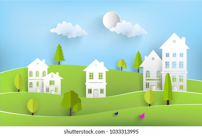 landscape views of homes and hills. design and style of paper art. beautiful mountains and blue sky