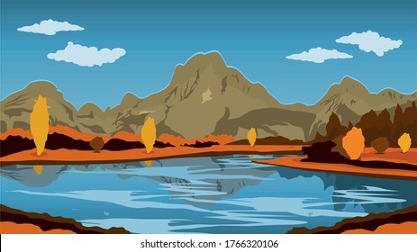 vistas panorámicas de montañas, nubes, ríos y bosques de pinos vectores