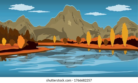 Vistas paisajísticas de montañas, bosques de pinos, nubes y vectores de ríos