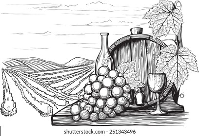 Landscape with views of vineyards, tanks for wine and grapes. in a woodcut like method