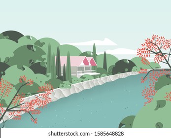 Landscape of villa in the forest beside the river