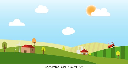 landscape village farm green hills fields