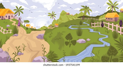 Landscape village flat composition with panoramic view of exotic country side with palms brook and hills vector illustration