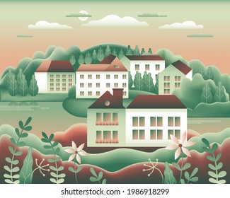 Landscape village, hills, trees, river, lake, forest. Rural valley Farm countryside with house, farm, building in flat style design. Green brown gradient colors. Cartoon background vector illustration