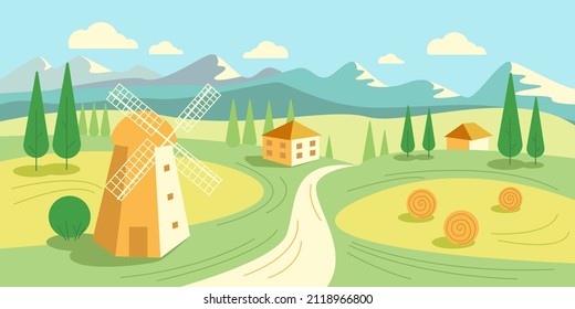 Landscape village in the mountains, countryside. Windmill, haystack. Vector stock illustration. 