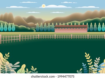 Landscape village, mountains, hills, trees, forest. Rural valley Farm countryside with house, building, fence in flat style design. Green brown gradient colors. Cartoon background vector illustration